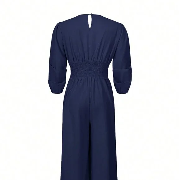 Navy Blue Elegant Women's Solid Color Lantern Sleeve Jumpsuit - Picture 3 of 9